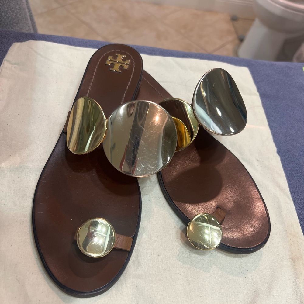 Tory Burch Brown Sandals with Metallic Accents - Picture 3 of 9